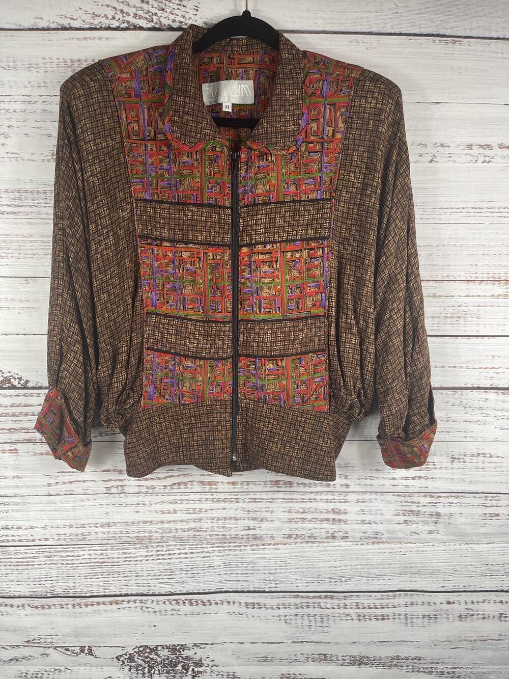 Vintage Platinum Jacket Women's Size M Brown Abstract Zip Up Padded Shoulder 90s